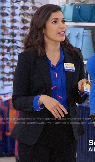 Amy’s blue printed button down shirt on Superstore
