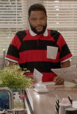 Andre’s red striped polo shirt with white pocket on Black-ish