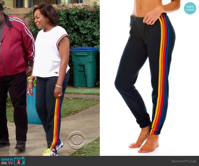 Aviator Nation 5 Stripe Sweatpants worn by Tina Butler (Tichina Arnold) on The Neighborhood