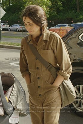 Maggie’s brown utility overalls on Modern Love