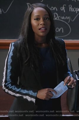 Michaela’s black lace sleeve blazer on How to Get Away with Murder