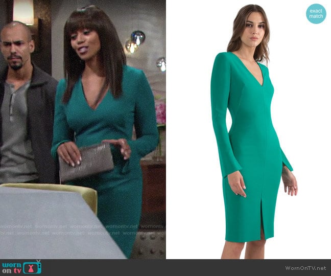 Black Halo Sambora Sheath worn by Amanda Sinclair (Mishael Morgan) on The Young and the Restless