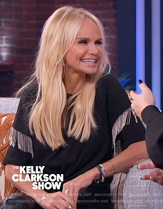 Kristin Chenoweth’s black metallic fringe tee on The Kelly Clarkson Show