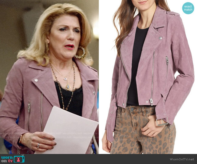 Blank NYC Suede Moto Jacket in Lilac worn by Diane Doyle (Victoria Clark) on Almost Family