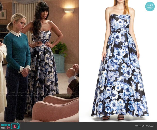 Blondie Nites Floral Print Strapless Satin Evening Dress worn by Tahani Al-Jamil (Jameela Jamil) on The Good Place