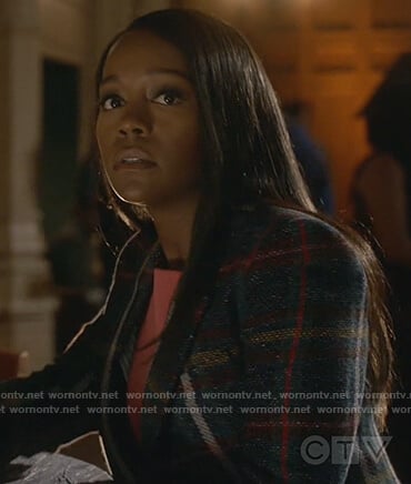 Michaela’s blue plaid wool coat on How to Get Away with Murder
