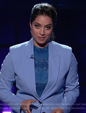Lilly’s blue snakeskin print top on A Little Late with Lilly Singh