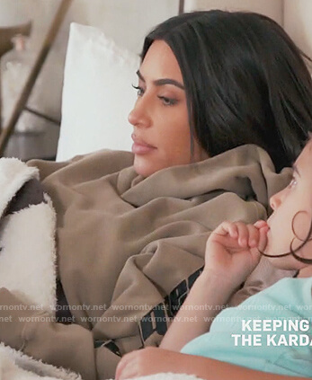 Kim’s beige calabasas print sleeve hoodie on Keeping Up with the Kardashians