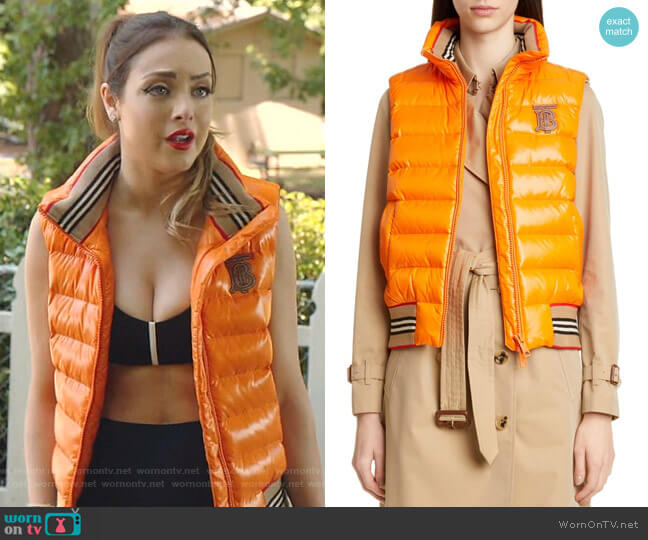 Burberry Hessle Monogram Logo Quilted Down Vest worn by Fallon Carrington (Elizabeth Gillies) on Dynasty