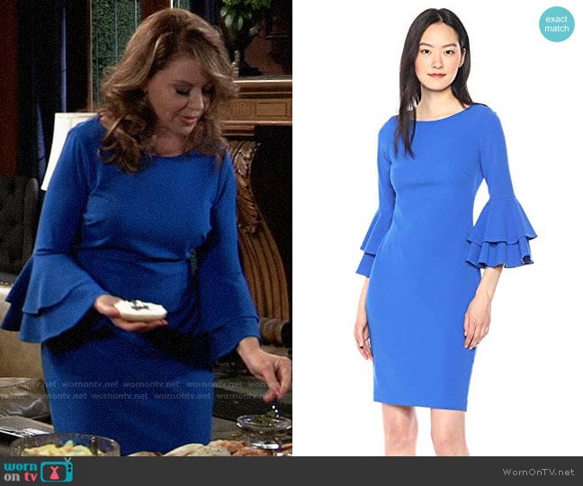 Calvin Klein Tiered Bell Sleeve Dress in Capri worn by Liesl Obrecht (Kathleen Gati) on General Hospital