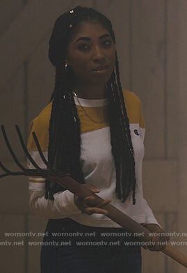 Peri’s white colorblock long sleeve tee on Light as a Feather