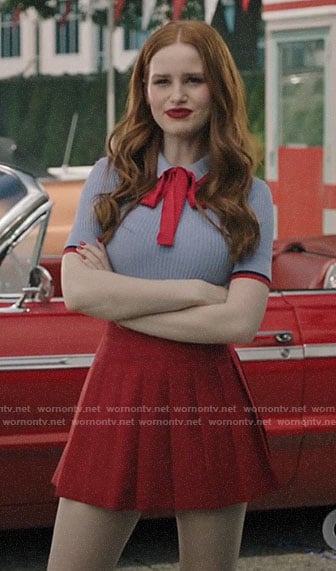 Cheryl’s blue polo top and red pleated skirt on Riverdale