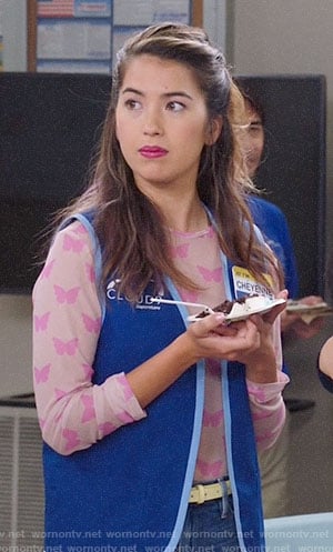 Cheyenne’s pink butterfly print top on Superstore