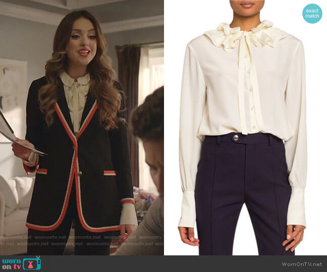 Chloe Ruffle Collar Tieneck Silk Blouse worn by Fallon Carrington (Elizabeth Gillies) on Dynasty