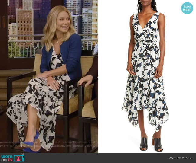 Club Monaco Abstract Print Faux Wrap Handkerchief Hem Silk Dress worn by Kelly Ripa on Live with Kelly and Mark