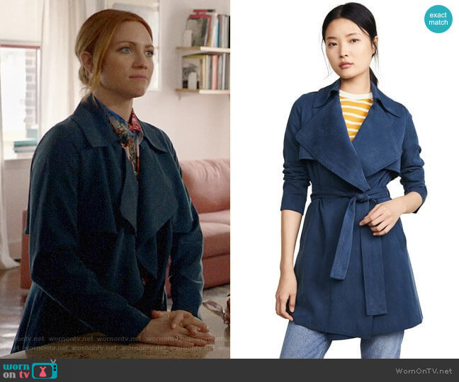 Club Monaco Claudine Trench in Canyon Blue worn by Julia Bechley (Brittany Snow) on Almost Family