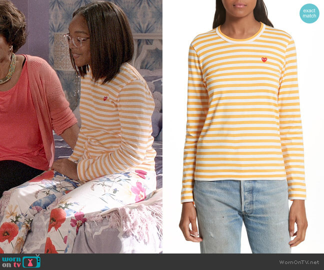 Comme Des Garcons PLAY Stripe Tee in Yellow worn by Diane Johnson (Marsai Martin) on Black-ish
