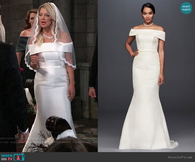Davids Bridal Off-the-Shoulder Mikado Trumpet Wedding Dress worn by Nina Reeves (Cynthia Watros) on General Hospital