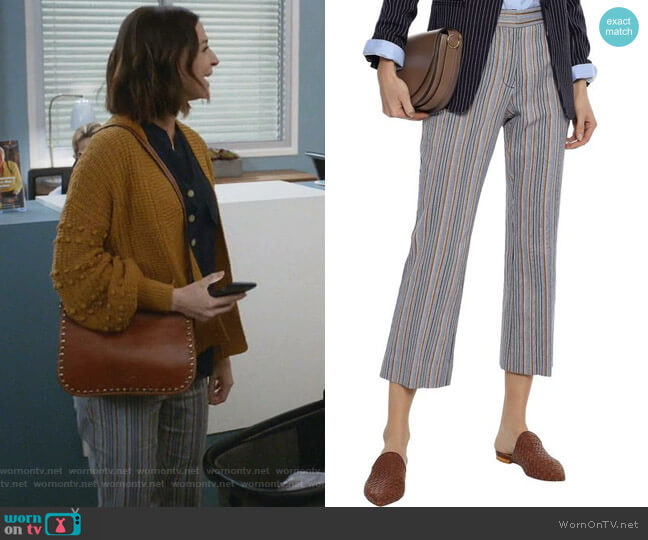 Derek Lam 10 Crosby Cropped Striped Kick-Flare Pants worn by Amelia Shepherd (Caterina Scorsone) on Greys Anatomy