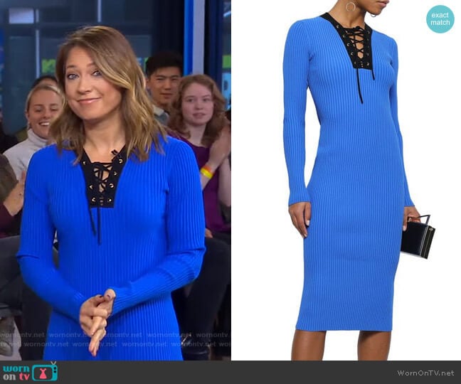 Diane von Furstenberg Lace-Up Ribbed-Knit Midi Dress worn by Ginger Zee on Good Morning America