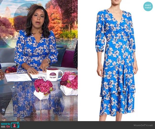 Eliza J Floral Faux Wrap Asymmetric Ruffle Midi Dress worn by Sheinelle Jones on Today