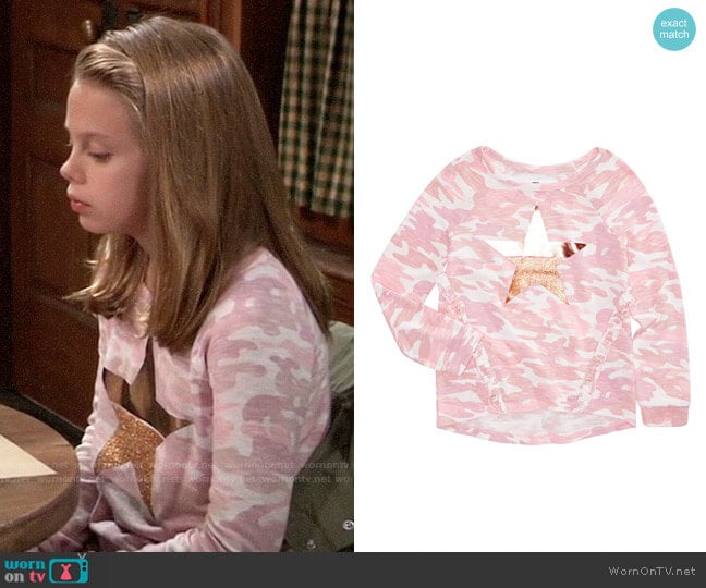 Epic Threads Big Girls Camo-Print Top worn by Charlotte Cassadine (Scarlett Fernandez) on General Hospital