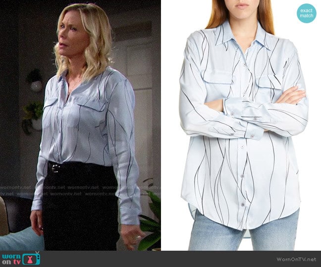 Equipment Slim Signature Silk Shirt in Blue Aere Eclpse worn by Brooke Logan (Katherine Kelly Lang) on The Bold and the Beautiful