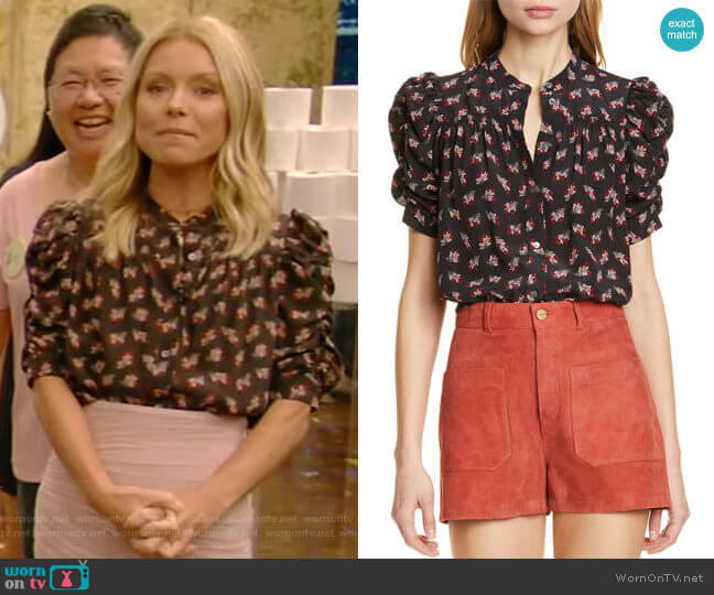 Frame Floral Ruched Sleeve Silk Blouse worn by Kelly Ripa on Live with Kelly and Mark