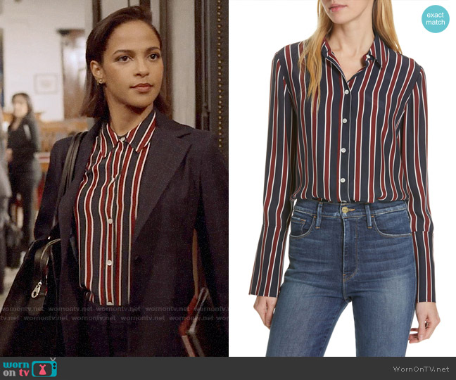 Frame Stripe Pajama Shirt worn by Edie Palmer (Megalyn Echikunwoke) on Almost Family