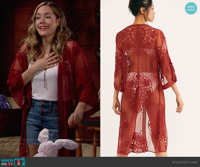 Free People Lace Lover Kimono in Rust worn by Hope Logan (Annika Noelle) on The Bold and the Beautiful