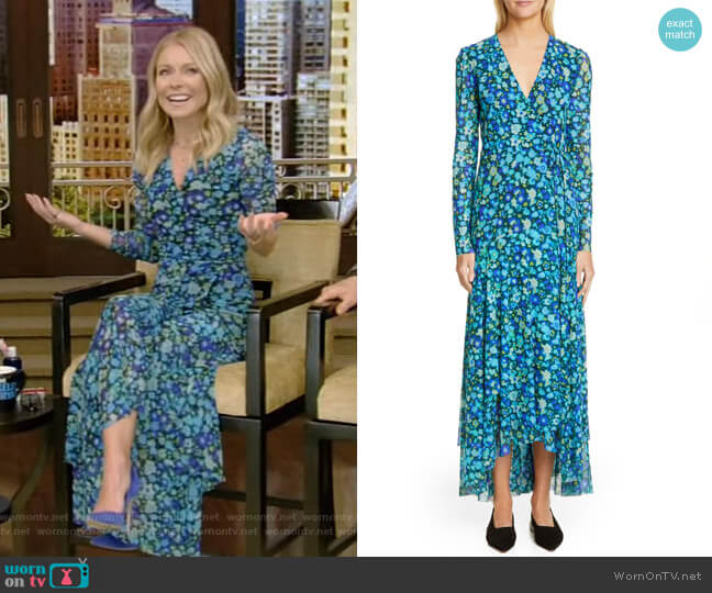 Ganni Floral Print Mesh Maxi Wrap Dress worn by Kelly Ripa on Live with Kelly and Mark