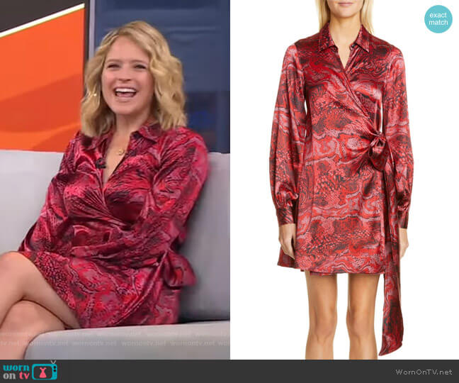 Ganni Long Sleeve Silk Satin Wrap Dress worn by Sara Haines on Good Morning America