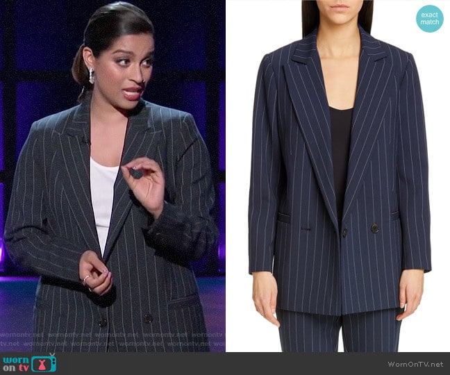 Ganni Stripe Suiting Blazer worn by Lilly Singh on A Little Late with Lilly Singh
