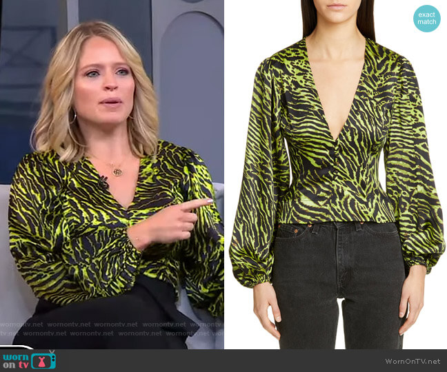 Ganni Tiger Print Silk Satin Blouse worn by Sara Haines on Good Morning America