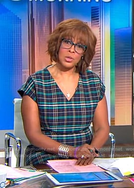 Gayle’s plaid v-neck dress on CBS Mornings
