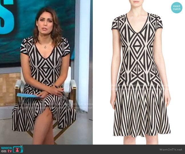 St John Collection Geometric Knit Fit & Flare Dress worn by Cecilia Vega on Good Morning America