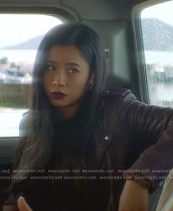 George’s purple leather moto jacket on Nancy Drew