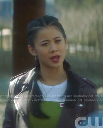 George’s purple leather moto jacket on Nancy Drew