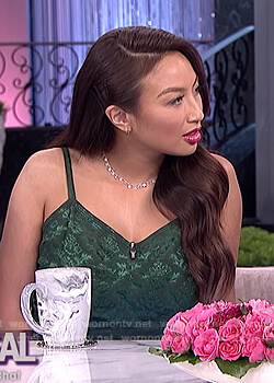 Jeannie’s green jacquard floral top and pants on The Real