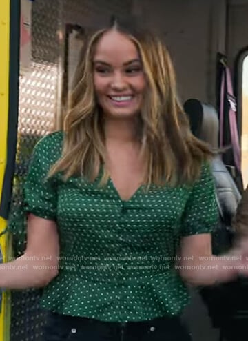 Patty’s green dotted v-neck top on Insatiable