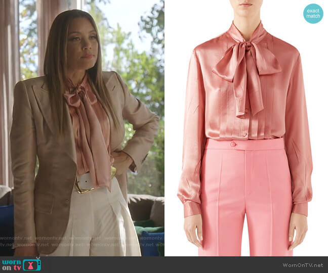 Gucci Tie-Neck Washed Silk Satin Shirt worn by Dominique Deveraux (Michael Michele) on Dynasty