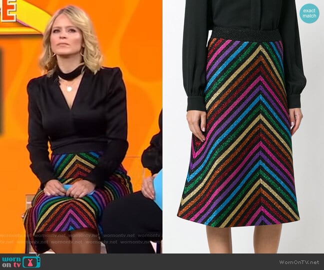 Gucci Metallic Striped Knit Skirt worn by Sara Haines on Good Morning America