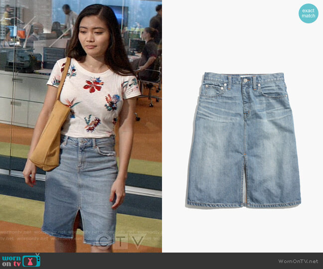 Madewell High Rise Denim Skirt worn by Joy (Jessica Lu) on God Friended Me