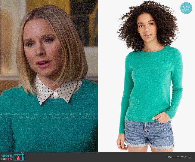 J. Crew Long-sleeve everyday cashmere crewneck sweater in Bright Kelly worn by Eleanor Shellstrop (Kristen Bell) on The Good Place