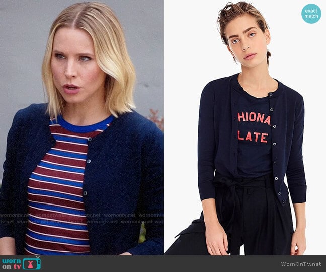 J. Crew Cotton Jackie Cardigan in Vintage Indigo worn by Eleanor Shellstrop (Kristen Bell) on The Good Place