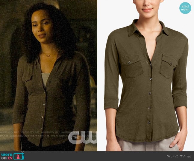 James Perse Sheer Slub Side Panel Shirt in Army Green worn by Macy Vaughn (Madeleine Mantock) on Charmed