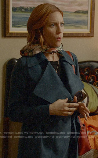 Julia’s blue suede trench coat on Almost Family
