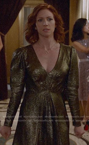 Julia’s gold long sleeved dress on Almost Family