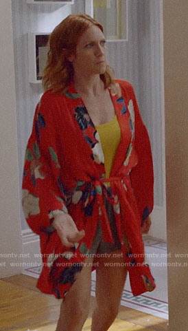 Julia’s red floral robe on Almost Family