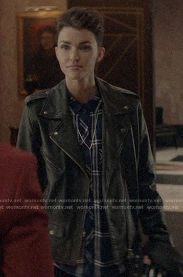 Kate’s blue plaid shirt and leather moto jacket on Batwoman